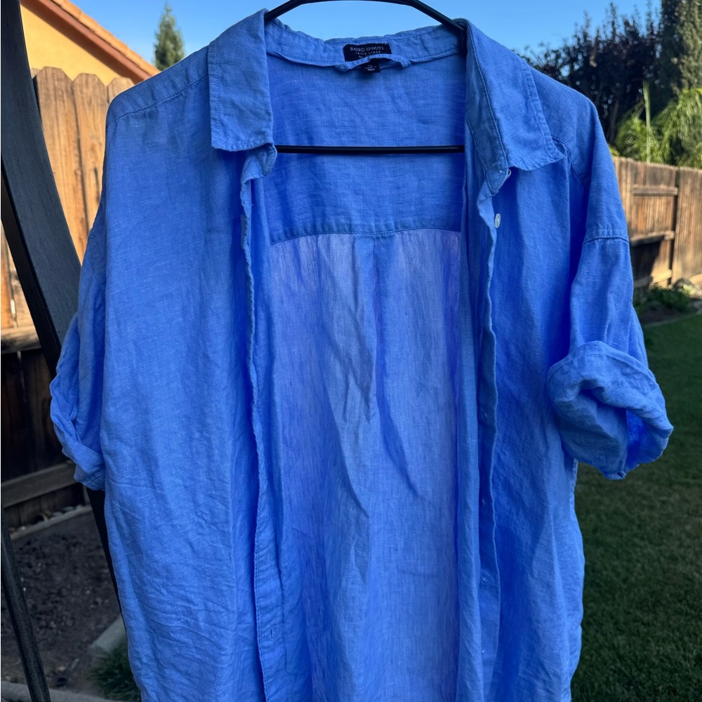 Elegant Blue Linen Button Down short sleeve Shirt